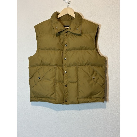 VTG 70s Sears Mens Store Duck Down XL Brown Puffer Vest Snap Pockets - Picture 1 of 9